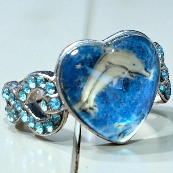 Silver Dolphin Ring With Blue Crystals & Hidden Message New - Picture 1 of 8